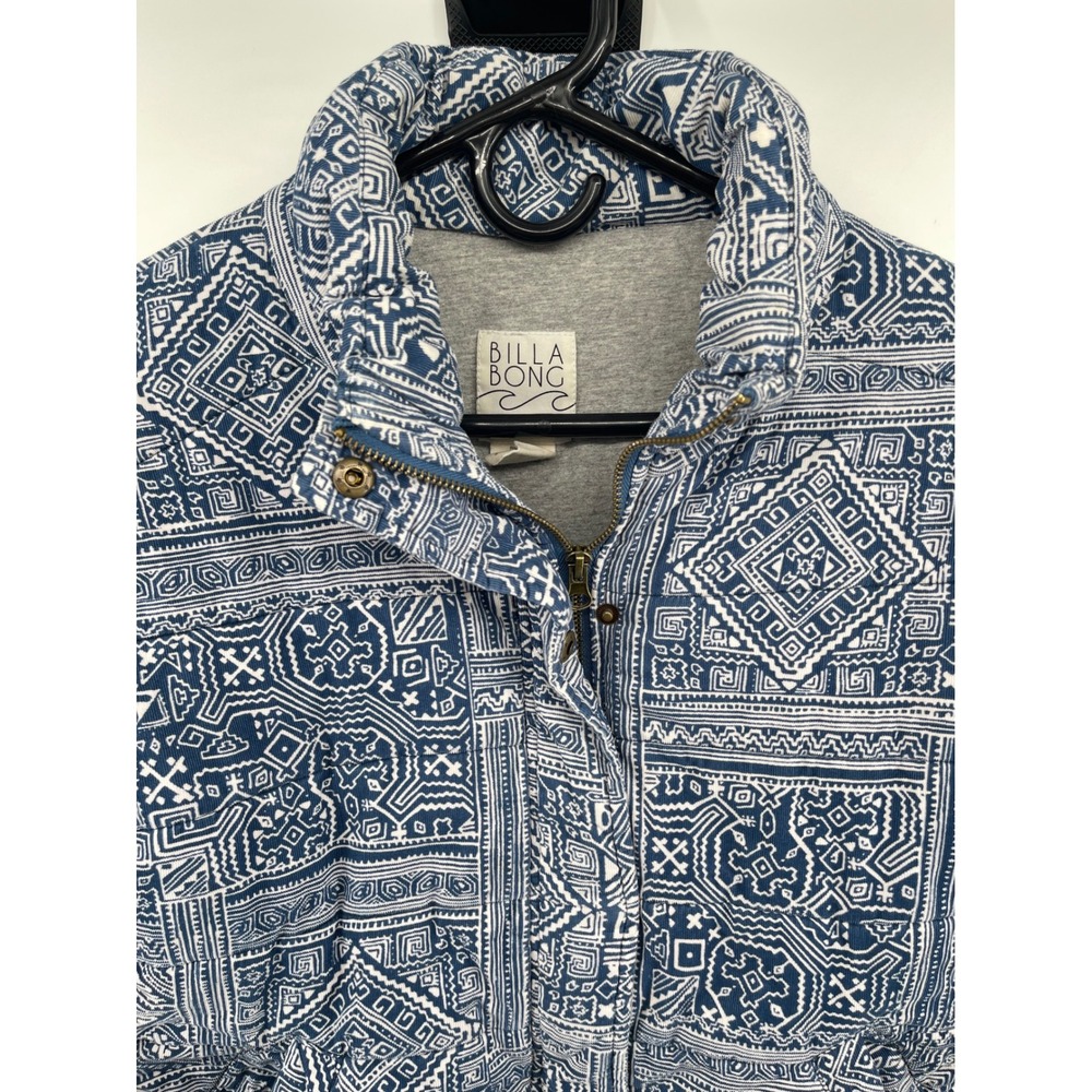 Billabong Jericho Puffer Jacket Womens Large Blue White Tribal Print Quilted